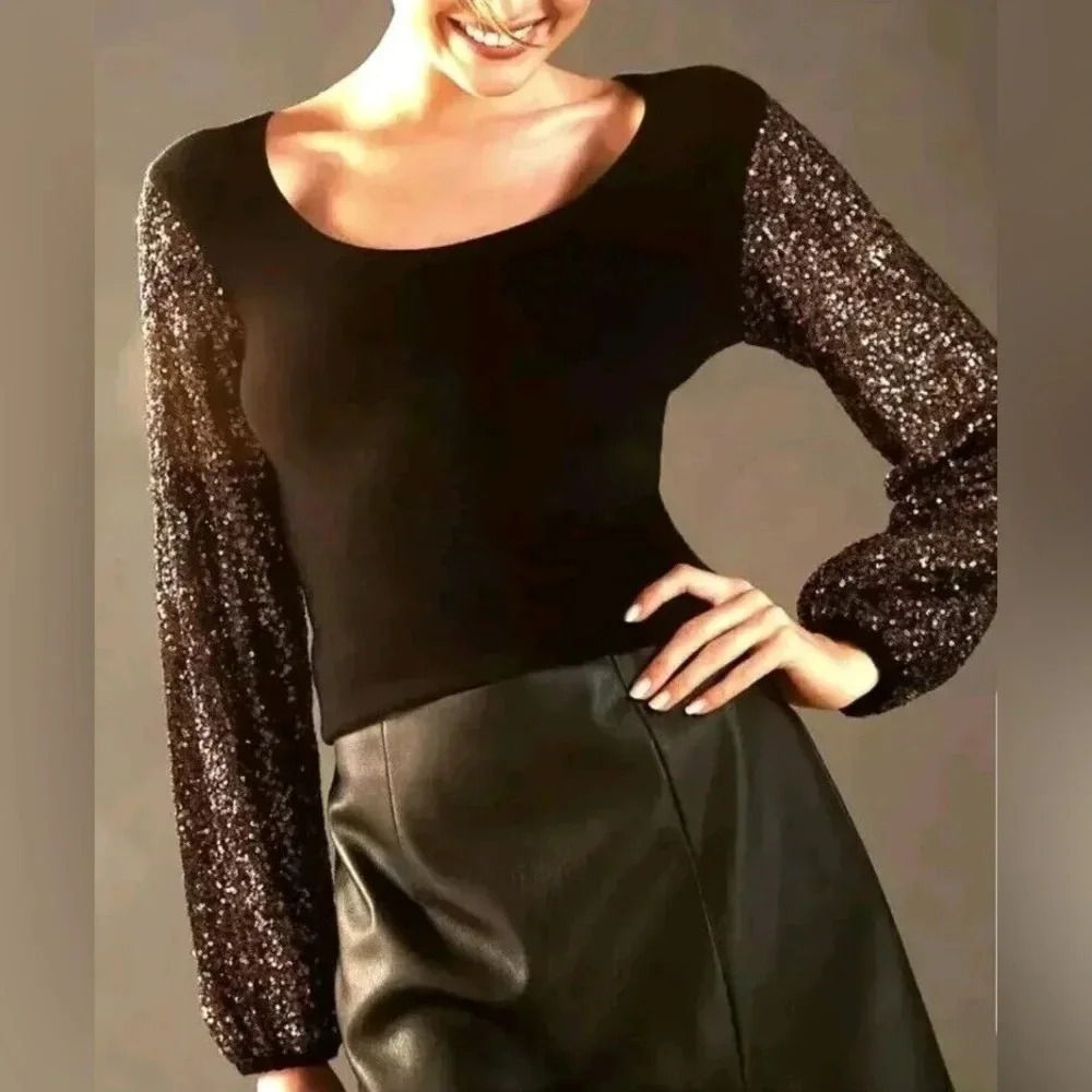 Anthropologie Bl-nk London Gold Sequin Sleeve Sweater Size XXS NWT Flawed Gem